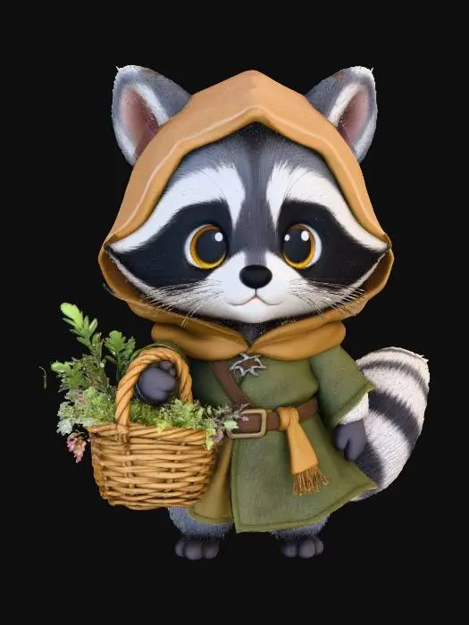 3D model for A 3D image of a chibi-style raccoon wearing medieval peasant robes and carrying a basket full of herbs, highly stylized, thick and bold details, solid background color.