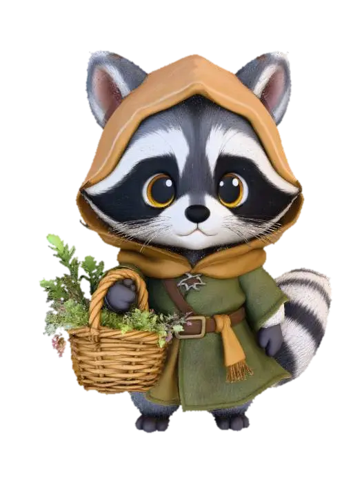 3D model for A 3D image of a chibi-style raccoon wearing medieval peasant robes and carrying a basket full of herbs, highly stylized, thick and bold details, solid background color.