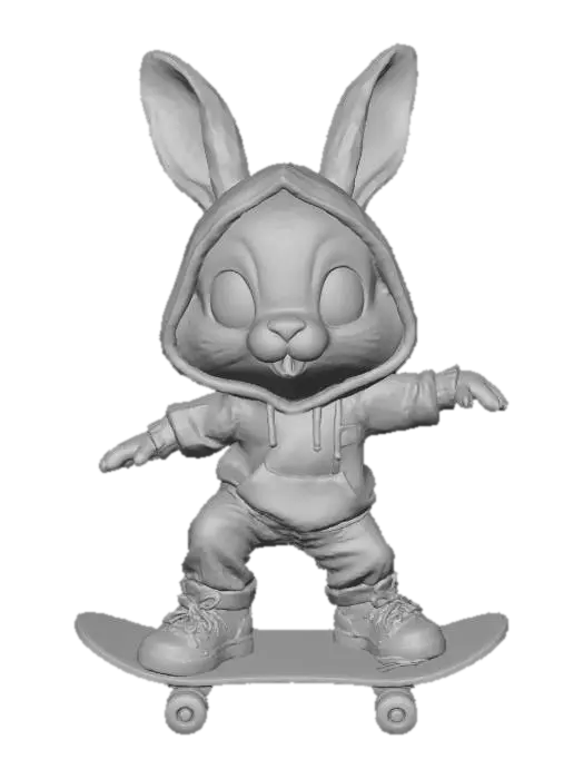 3D model for A 3D image of a chibi-style rabbit wearing jeans, sneakers, and a gray hoodie riding a skateboard, arms out to the side, knees bent, highly stylized, thick and bold details, solid background color.