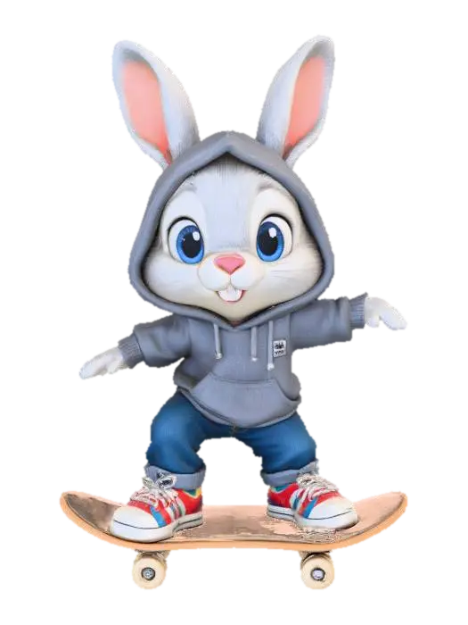 3D model for A 3D image of a chibi-style rabbit wearing jeans, sneakers, and a gray hoodie riding a skateboard, arms out to the side, knees bent, highly stylized, thick and bold details, solid background color.