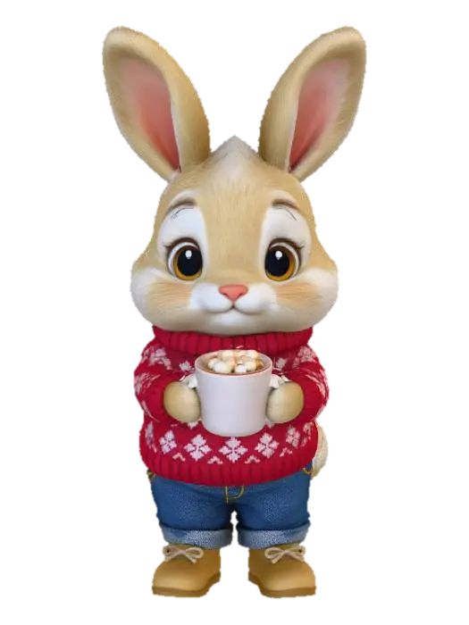 A 3D image of a chibi-style rabbit wearing a Christmas sweater, jeans, and boots,… 3D model, vytvořený pomocí AI