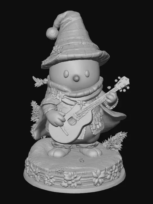 3D model for a 3D image of a chibi-style Dungeons & Dragons snowman bard, standing on a round holiday theme-base decorated with pine boughs and holly, highly stylized, thick and bold details optimized for 3D printing. , #Christmas2025#