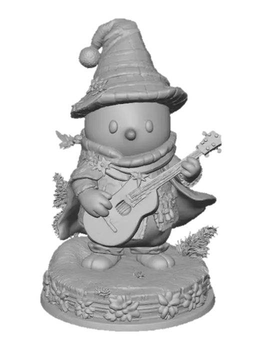 3D model for a 3D image of a chibi-style Dungeons & Dragons snowman bard, standing on a round holiday theme-base decorated with pine boughs and holly, highly stylized, thick and bold details optimized for 3D printing. , #Christmas2025#