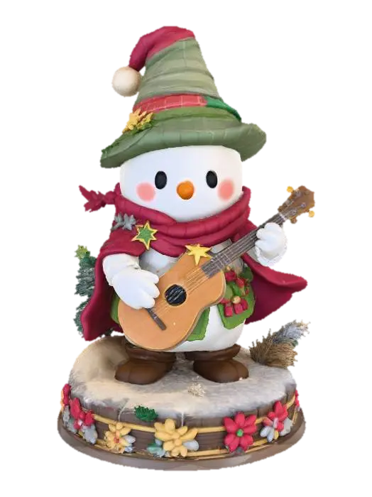 3D model for a 3D image of a chibi-style Dungeons & Dragons snowman bard, standing on a round holiday theme-base decorated with pine boughs and holly, highly stylized, thick and bold details optimized for 3D printing. , #Christmas2025#