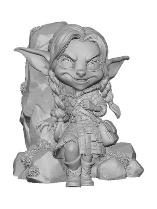 3D model for A 3D image of a chibi-style female goblin, tawny light green skin tone, large red eyes, coppery red hair braided into pigtails, wide mischievous smile revealing sharp teeth, wearing a patchwork coat with many pockets, leather boots, a leather satchel over her shoulder, leaning against a large mossy stone, highly stylized, highly detailed, thick and bold details optimized for 3D printing, solid colored background.