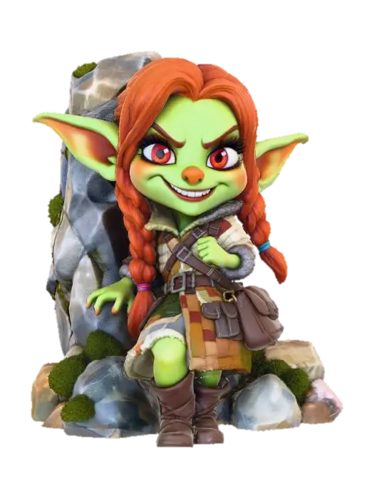 3D model for A 3D image of a chibi-style female goblin, tawny light green skin tone, large red eyes, coppery red hair braided into pigtails, wide mischievous smile revealing sharp teeth, wearing a patchwork coat with many pockets, leather boots, a leather satchel over her shoulder, leaning against a large mossy stone, highly stylized, highly detailed, thick and bold details optimized for 3D printing, solid colored background.
