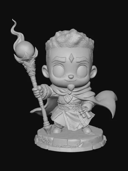 3D model for A 3D image of a chibi-style Dungeons & Dragons male African American wizard wearing detailed medieval attire, large eyes, cute features, heroic pose, standing on a round cobblestone textured base, highly stylized, bold and thick details, solid colored background.