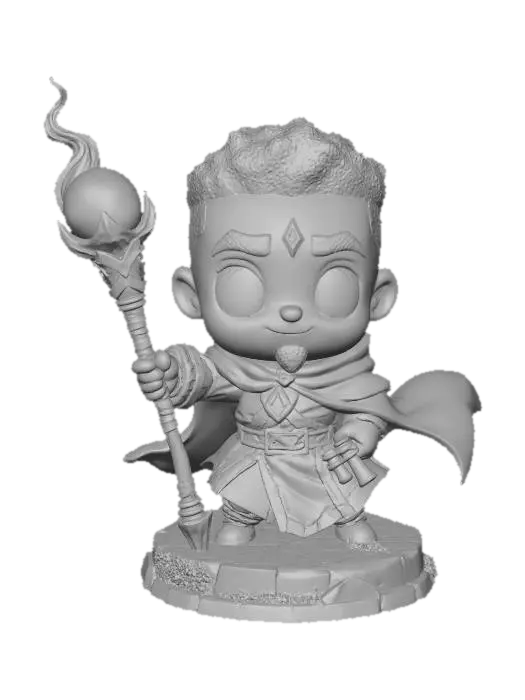 3D model for A 3D image of a chibi-style Dungeons & Dragons male African American wizard wearing detailed medieval attire, large eyes, cute features, heroic pose, standing on a round cobblestone textured base, highly stylized, bold and thick details, solid colored background.