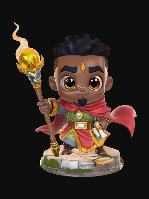 3D model for A 3D image of a chibi-style Dungeons & Dragons male African American wizard wearing detailed medieval attire, large eyes, cute features, heroic pose, standing on a round cobblestone textured base, highly stylized, bold and thick details, solid colored background.