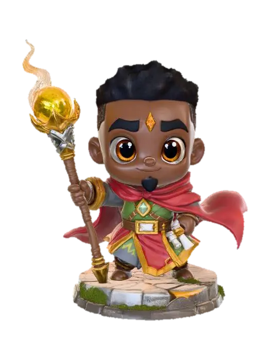 3D model for A 3D image of a chibi-style Dungeons & Dragons male African American wizard wearing detailed medieval attire, large eyes, cute features, heroic pose, standing on a round cobblestone textured base, highly stylized, bold and thick details, solid colored background.