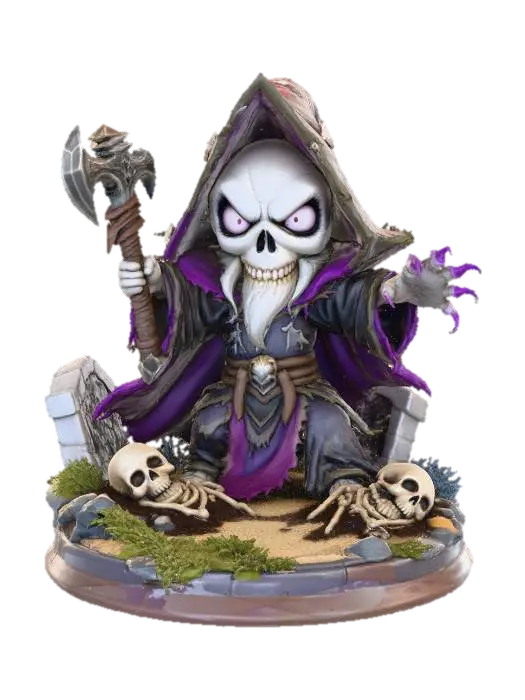 A 3D image of a chibi-style Dungeons & Dragons evil necromancer wearing detailed… - Robust 3D model, vytvořený pomocí AI