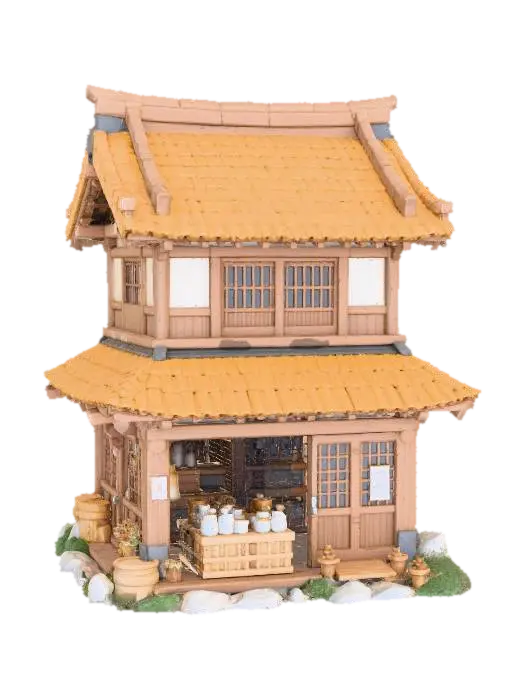 A 3D image a a traditional two-storey rural Japanese village shop, highly stylized,… 3D model, vytvořený pomocí AI