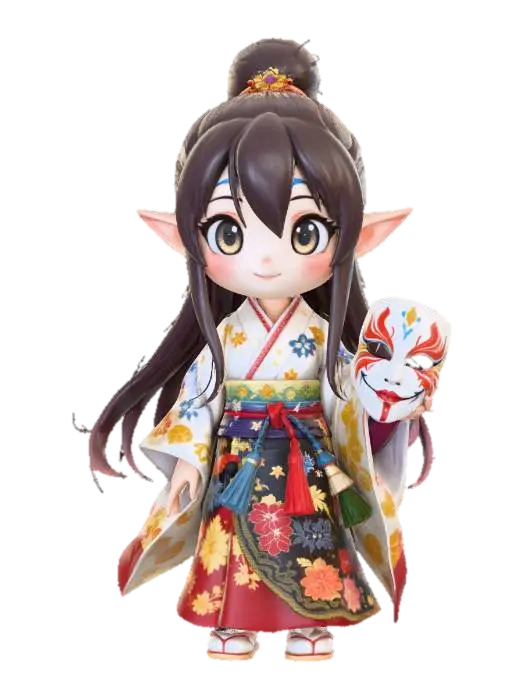 A full-length 3D image of a chibi-style female high elf bard, large eyes, clever… 3D model, vytvořený pomocí AI