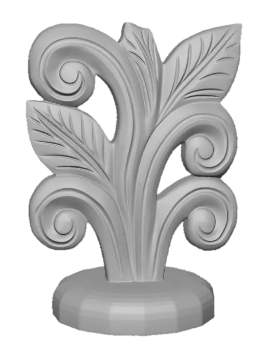 3D model for A 3D image of a simple wooden carved plant shape, indigenous, standing on a round base.  Thick and bold details.  Deeply etched and embossed details. Solid colored background.