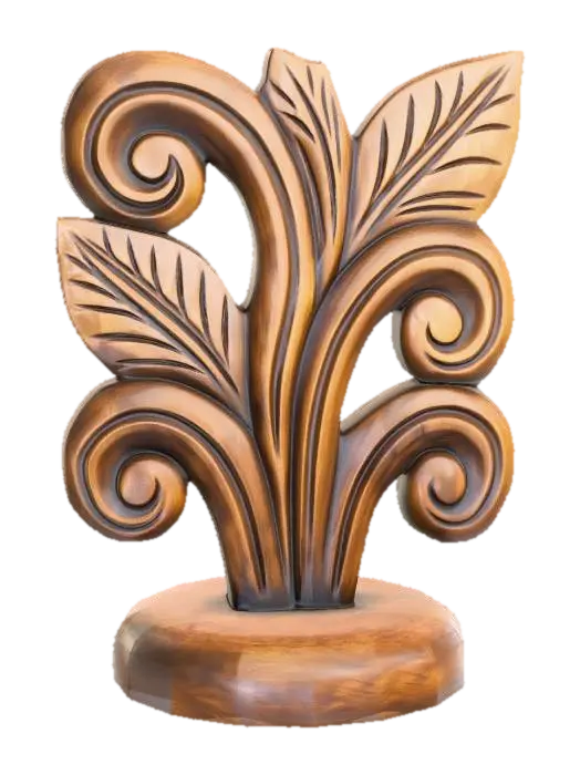 3D model for A 3D image of a simple wooden carved plant shape, indigenous, standing on a round base.  Thick and bold details.  Deeply etched and embossed details. Solid colored background.