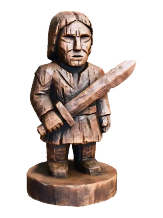 A 3D image of a simple wooden carved swordsman shape, chunky, roughly carved,… 3D model, vytvořený pomocí AI