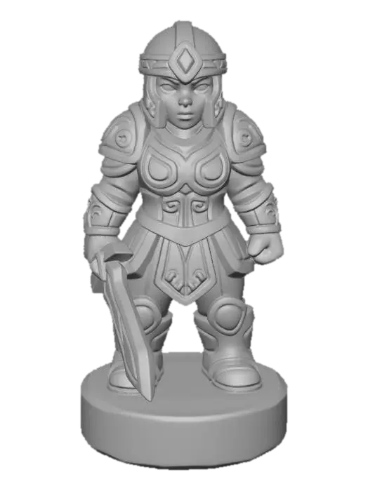 3D model for A 3D image of a simple wooden carved swordswoman shape, chunky, roughly carved, standing on a round base. Thick and bold details. Deeply etched and embossed details. Solid colored background.
