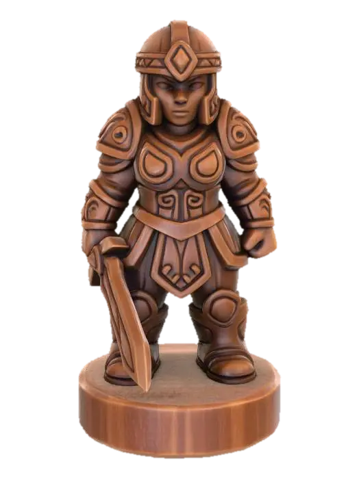 3D model for A 3D image of a simple wooden carved swordswoman shape, chunky, roughly carved, standing on a round base. Thick and bold details. Deeply etched and embossed details. Solid colored background.