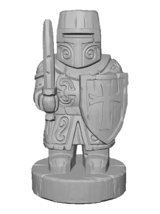 3D model for A 3D image of a simple wooden carved paladin shape, chunky, roughly carved, standing on a round base. Thick and bold details. Deeply etched and embossed details. Solid colored background.