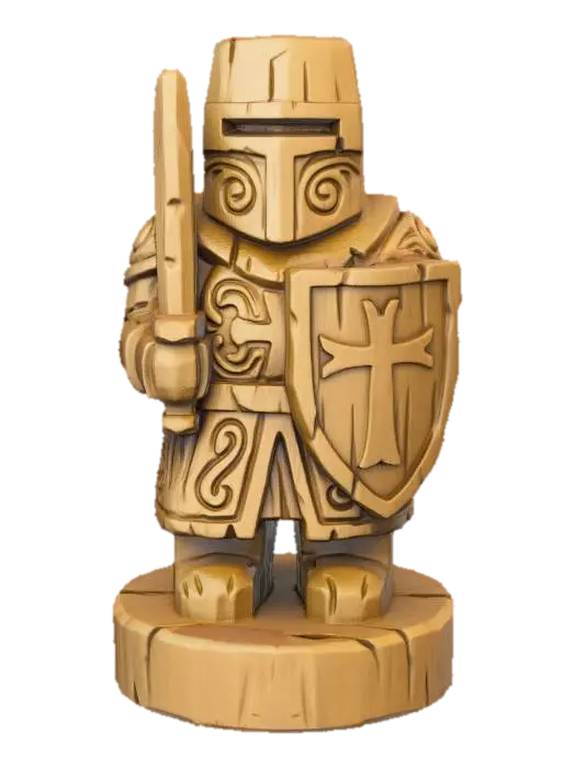 3D model for A 3D image of a simple wooden carved paladin shape, chunky, roughly carved, standing on a round base. Thick and bold details. Deeply etched and embossed details. Solid colored background.