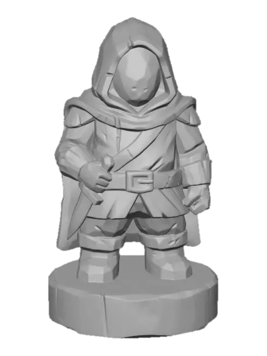 3D model for A 3D image of a simple wooden carved rogue shape, chunky, roughly carved, standing on a round base.  Thick and bold details.  Deeply etched and embossed details. Solid colored background.