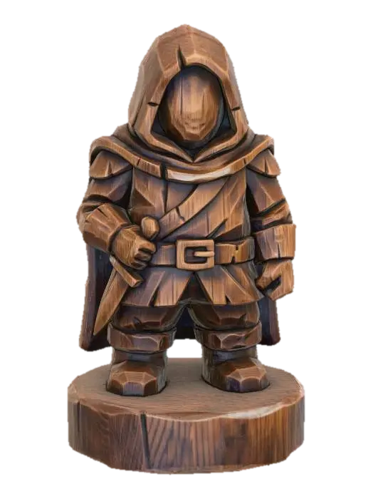 3D model for A 3D image of a simple wooden carved rogue shape, chunky, roughly carved, standing on a round base.  Thick and bold details.  Deeply etched and embossed details. Solid colored background.