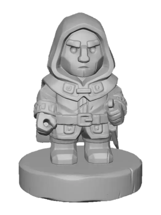 3D model for A 3D image of a simple wooden carved rogue shape, chunky, roughly carved, standing on a round base.  Thick and bold details.  Deeply etched and embossed details. Solid colored background.