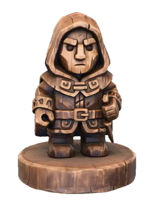 3D model for A 3D image of a simple wooden carved rogue shape, chunky, roughly carved, standing on a round base.  Thick and bold details.  Deeply etched and embossed details. Solid colored background.