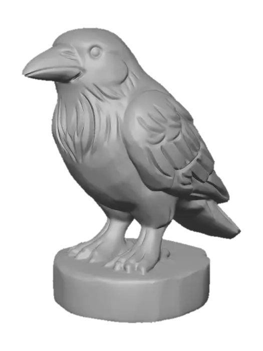 3D model for A 3D image of a simple wooden carved crow shape, chunky, roughly carved, standing on a round base. Thick and bold details. Deeply etched and embossed details. Solid colored background.