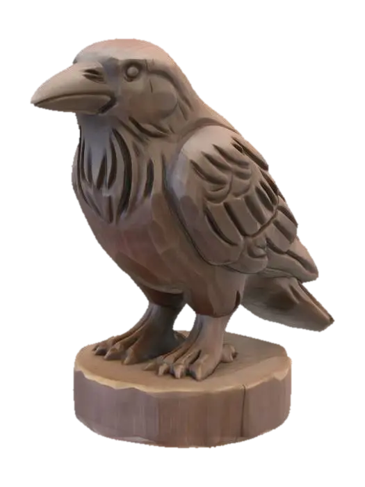 3D model for A 3D image of a simple wooden carved crow shape, chunky, roughly carved, standing on a round base. Thick and bold details. Deeply etched and embossed details. Solid colored background.