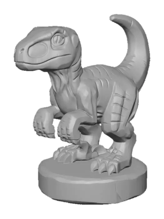3D model for A 3D image of a simple wooden carved velociraptor shape, chunky, roughly carved, standing on a round base.  Thick and bold details.  Deeply etched and embossed details. Solid colored background.