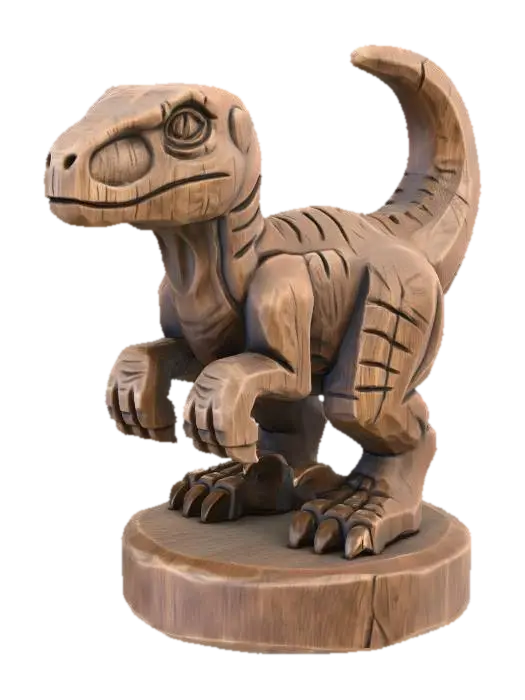 3D model for A 3D image of a simple wooden carved velociraptor shape, chunky, roughly carved, standing on a round base.  Thick and bold details.  Deeply etched and embossed details. Solid colored background.