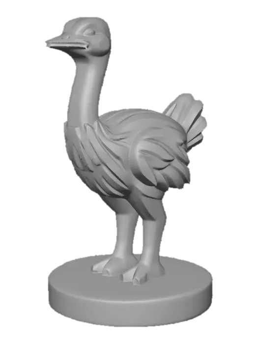 3D model for A 3D image of a simple wooden carved ostrich shape, chunky, roughly carved, standing on a round base. Thick and bold details. Deeply etched and embossed details. Solid colored background.