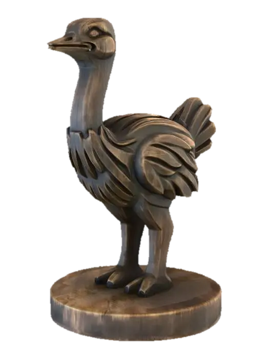 3D model for A 3D image of a simple wooden carved ostrich shape, chunky, roughly carved, standing on a round base. Thick and bold details. Deeply etched and embossed details. Solid colored background.