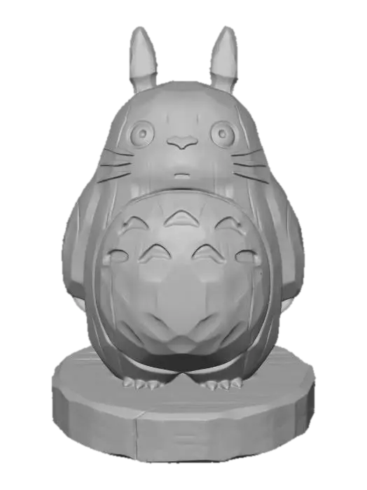 3D model for A 3D image of a simple wooden carved totoro shape, chunky, roughly carved, standing on a round base. Thick and bold details. Deeply etched and embossed details. Solid colored background.