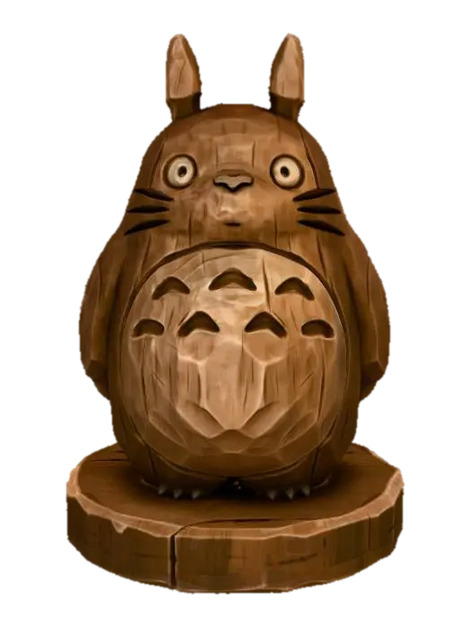 3D model for A 3D image of a simple wooden carved totoro shape, chunky, roughly carved, standing on a round base. Thick and bold details. Deeply etched and embossed details. Solid colored background.