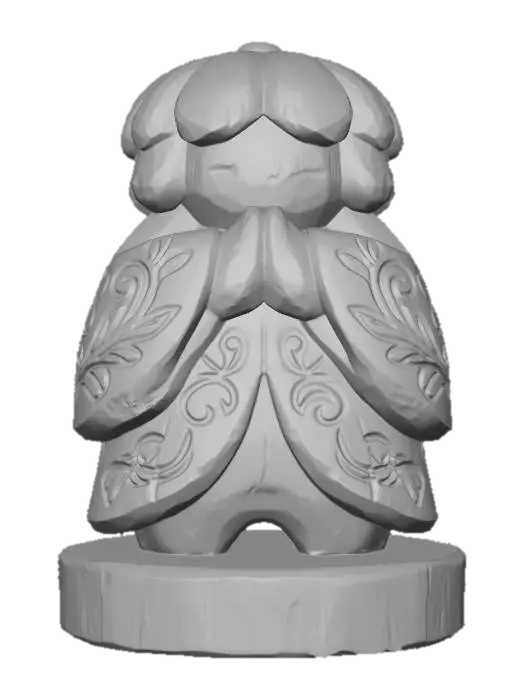 3D model for A 3D image of a simple wooden carved Japanese flower spirit shape, chunky, roughly carved, standing on a round base. Thick and bold details. Deeply etched and embossed details. Solid colored background.