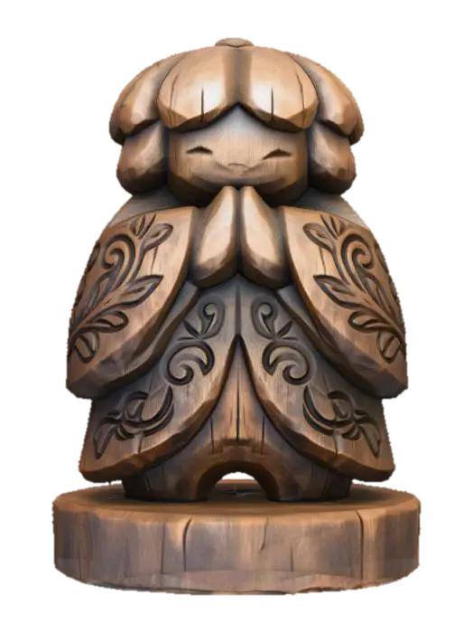 3D model for A 3D image of a simple wooden carved Japanese flower spirit shape, chunky, roughly carved, standing on a round base. Thick and bold details. Deeply etched and embossed details. Solid colored background.
