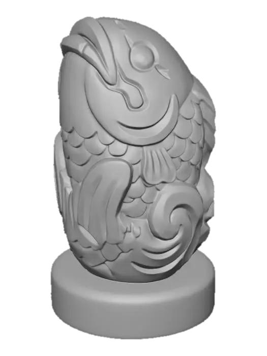 3D model for A 3D image of a simple wooden carved Japanese fish spirit shape, chunky, roughly carved, standing on a round base.  Thick and bold details.  Deeply etched and embossed details. Solid colored background.
