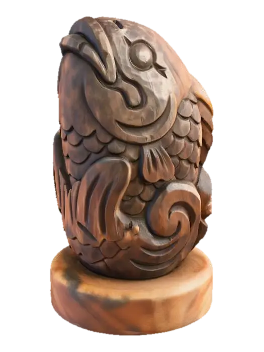 3D model for A 3D image of a simple wooden carved Japanese fish spirit shape, chunky, roughly carved, standing on a round base.  Thick and bold details.  Deeply etched and embossed details. Solid colored background.