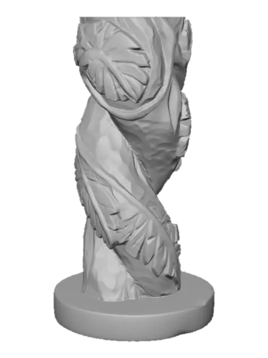3D model for A 3D image of a simple wooden carved twisting vine shape, chunky, roughly carved, standing on a round base. Thick and bold details. Deeply etched and embossed details. Solid colored background.