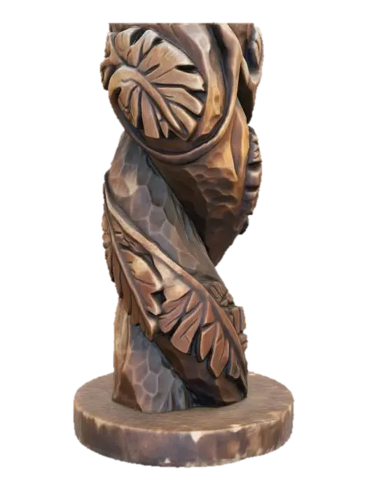 3D model for A 3D image of a simple wooden carved twisting vine shape, chunky, roughly carved, standing on a round base. Thick and bold details. Deeply etched and embossed details. Solid colored background.
