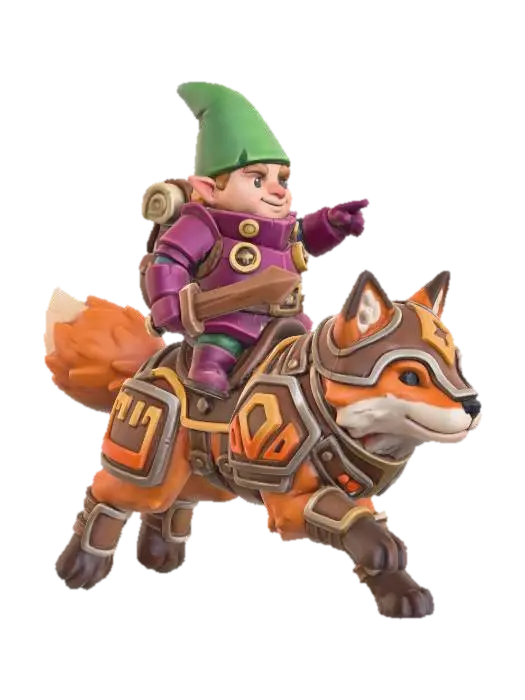 Gnome Rider on Armored Fox 3D model, vytvořený pomocí AI