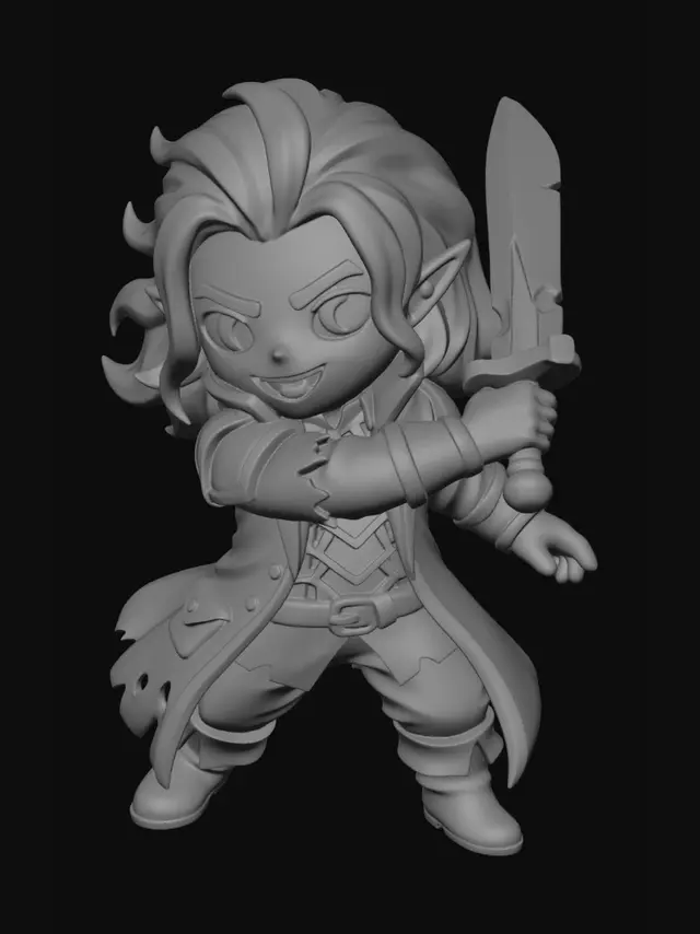 3D model for A 3D image of a chibi-style male 
Damphir barbarian rogue with long hair and wearing a long coat with a white shirt and vest and swinging a shortsword.  The character should have large eyes, thick and bold details, and a Dungeons & Dragons aesthetic while remaining cute.  No base, solid colored background with no additional details.