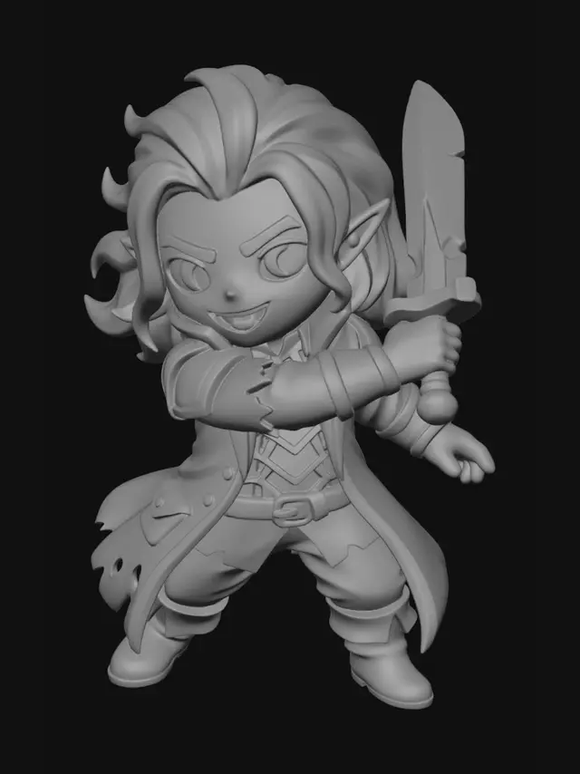 3D model for A 3D image of a chibi-style male 
Damphir barbarian rogue with long hair and wearing a long coat with a white shirt and vest and swinging a shortsword.  The character should have large eyes, thick and bold details, and a Dungeons & Dragons aesthetic while remaining cute.  No base, solid colored background with no additional details.