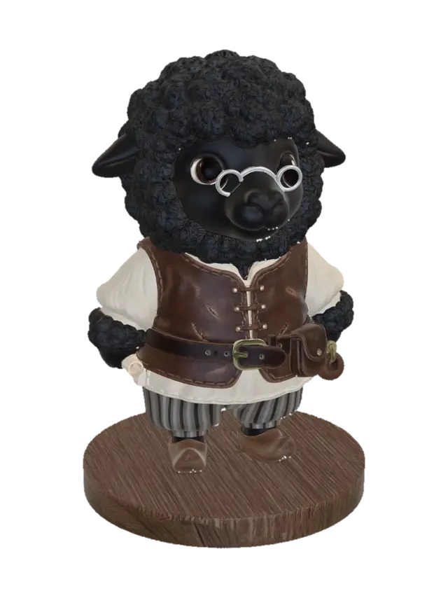 A 3D image of a chibi-style black sheep wearing medieval merchant clothing and… 3D model, vytvořený pomocí AI