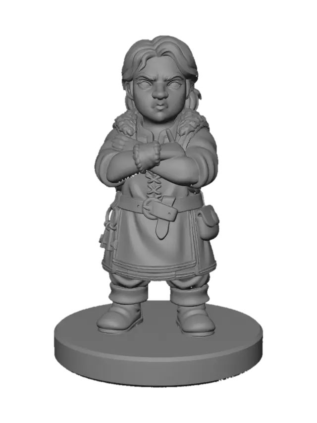 3D model for A 3D image of a chibi-style no-nonsense, slightly gruff female innkeeper wearing medieval clothing, arms folded over her chest, standing on a round wood floor-textured base. Thick and bold details,