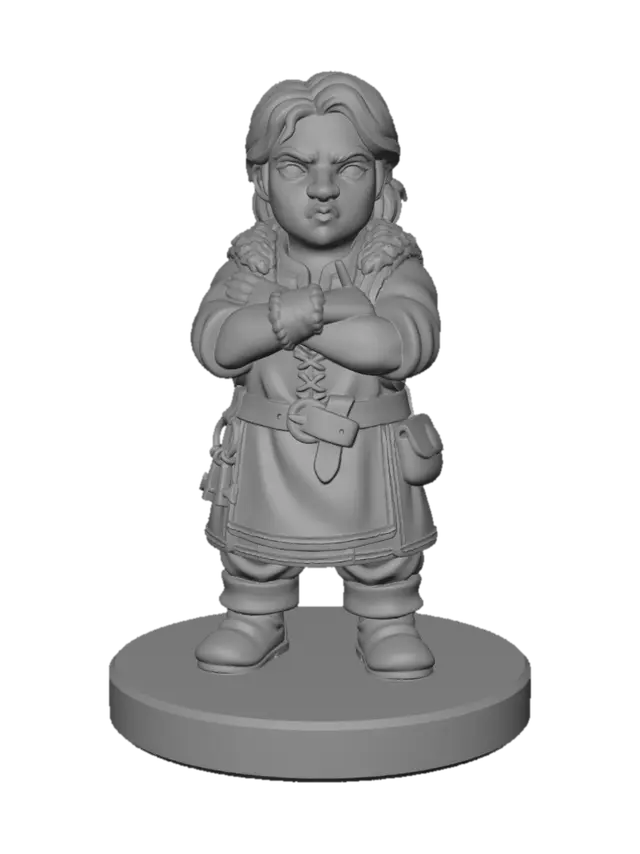 3D model for A 3D image of a chibi-style no-nonsense, slightly gruff female innkeeper wearing medieval clothing, arms folded over her chest, standing on a round wood floor-textured base. Thick and bold details,