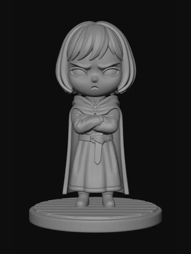 3D model for A 3D image of a chibi-style little girl with black hair, pale skin, and red lips wearing medieval clothing, looking moody, standing on a round wood floor-textured base.  Thick and bold details,