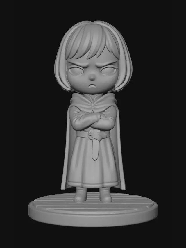 3D model for A 3D image of a chibi-style little girl with black hair, pale skin, and red lips wearing medieval clothing, looking moody, standing on a round wood floor-textured base.  Thick and bold details,